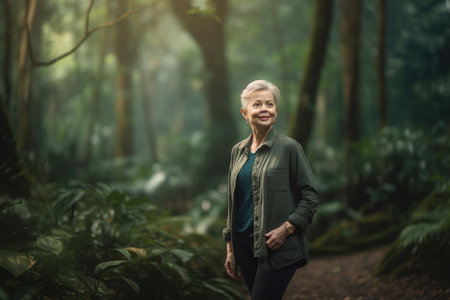 Portrait of a beautiful senior woman standing in the forest and smilingの素材