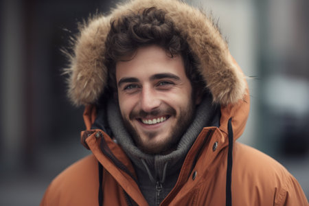 Portrait of a handsome young man in an orange jacket with a hoodの素材