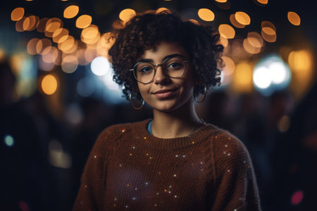 Portrait of a beautiful young african american woman with curly hair wearing glasses.の素材