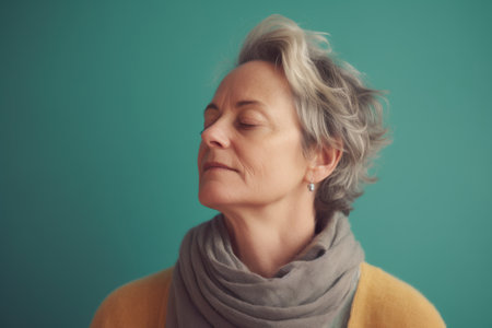 Portrait of a middle-aged woman on a blue background.の素材