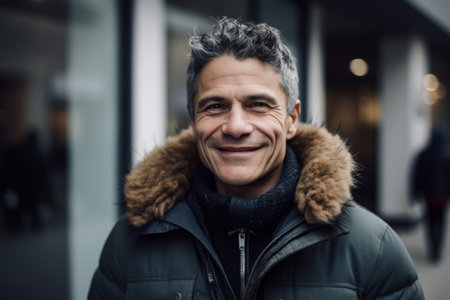 Portrait of a handsome middle-aged man with gray hair, wearing a warm jacket, smiling and looking at the camera.の素材