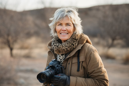 Mature female photographer with a camera in hand, smiling and looking at the camera.の素材