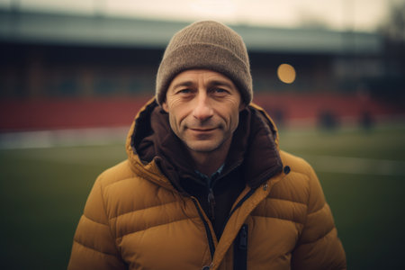 Portrait of a handsome middle-aged man in a warm jacket and hat on the sports fieldの素材