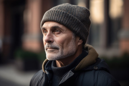 Portrait of a senior man in a cap and coat on the streetの素材