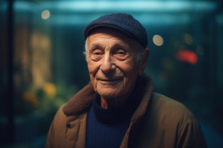 Portrait of an elderly man on a background of the night cityの素材