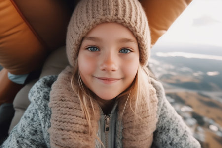 Top view of smiling little girl in knitted hat looking at camera on mountain topの素材