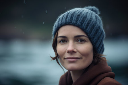 Portrait of a beautiful young woman with hat and scarf in the rainの素材