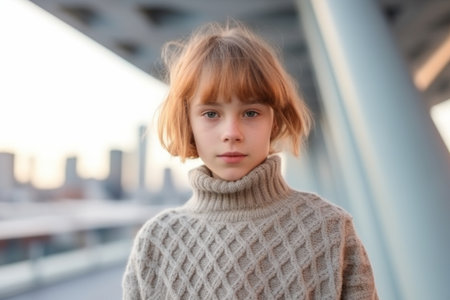 Portrait of a cute little girl in a knitted sweater in the cityの素材