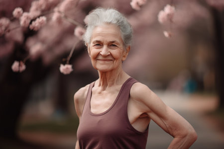 Portrait of happy senior woman in sportswear standing near blooming treeの素材