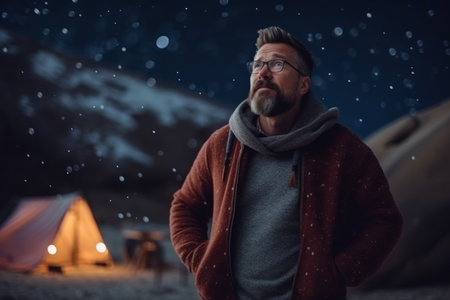 Handsome bearded man with glasses and a sweater in the mountains at nightの素材