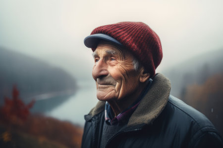 Foto de Portrait of an elderly man in a cap on a background of foggy mountains - Imagen libre de derechos