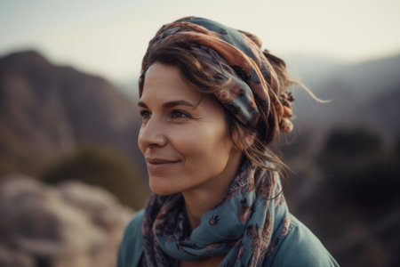 Portrait of a beautiful woman with a scarf in the mountains.の素材