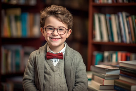 Portrait of a smiling boy in glasses standing in a library.の素材