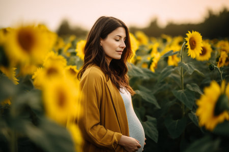 Pregnant woman in yellow dress at sunflower field at sunsetの素材
