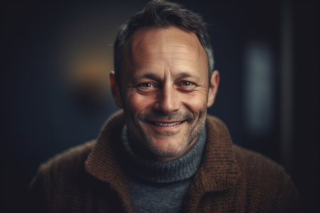 Portrait of a smiling middle-aged man in a brown coat.の素材