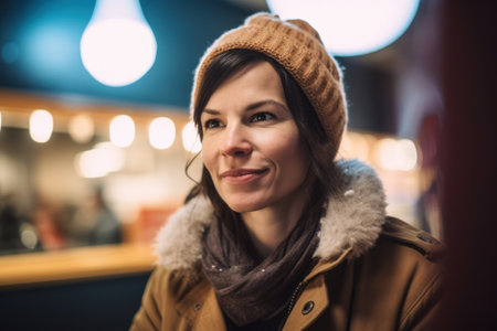 Portrait of a beautiful young woman in winter coat and hat standing in a cafeの素材