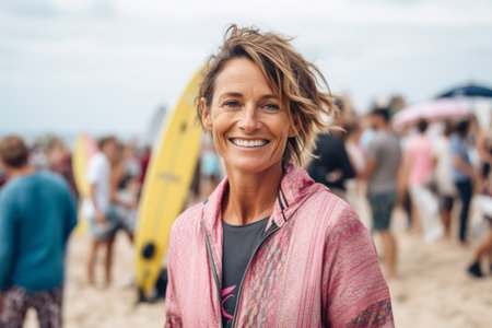 Portrait of a smiling woman with surfboard on the beach.の素材