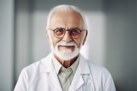 Portrait of a smiling senior male doctor in white coat and eyeglassesの素材