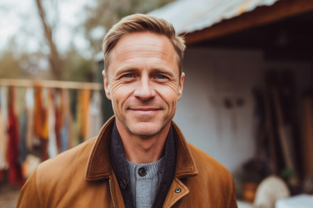 Portrait of smiling middle aged man looking at camera while standing outdoorsの素材