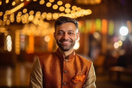 Portrait of a handsome young man smiling at the camera in a restaurantの素材