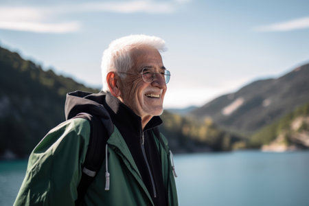Portrait of senior man with backpack looking at camera on mountain lakeの素材