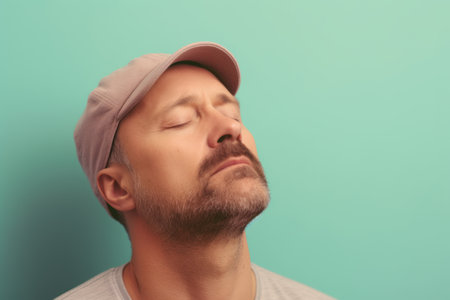 Portrait of a man in a cap and T-shirt on a blue backgroundの素材