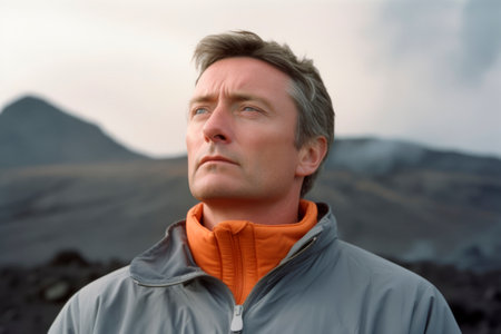 Handsome middle-aged man looking away while standing in front of volcanic landscapeの素材