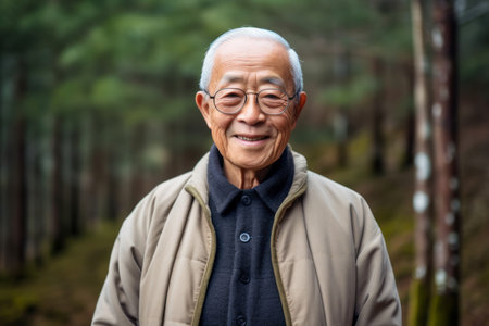 Portrait of asian senior man smiling and looking at camera in the forestの素材