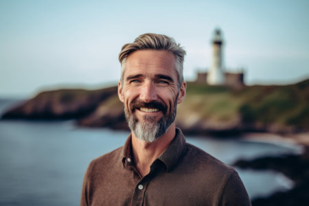 Portrait of handsome mature man standing in front of Lighthouse on the coastの素材