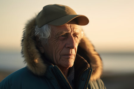 Portrait of a senior man in winter jacket and cap on the beachの素材