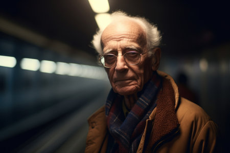 Portrait of an elderly man with glasses in a subway station.の素材