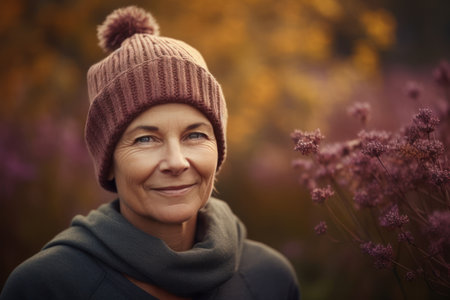 Portrait of a smiling senior woman in a knitted hat.の素材