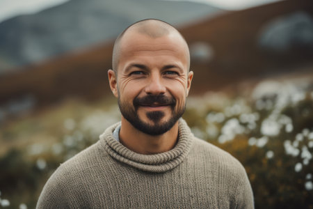 Portrait of a handsome man with beard and mustache in the mountainsの素材