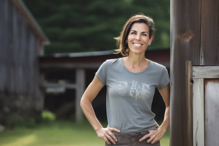 Portrait of smiling woman standing with hands in pockets against wooden fenceの素材
