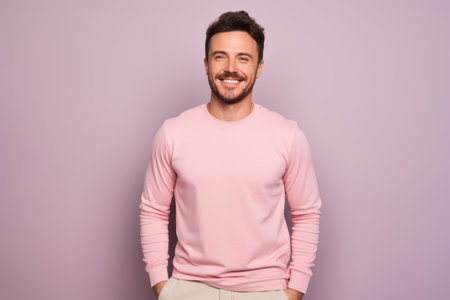 Handsome young man smiling and looking at camera while standing against purple backgroundの素材