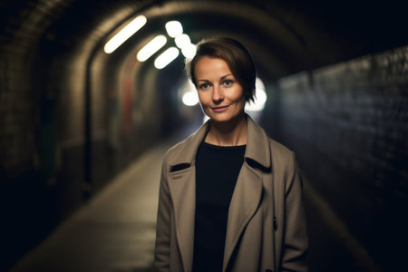 Portrait of a beautiful woman in a dark tunnel at night.の素材