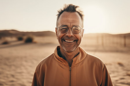 Portrait of smiling senior man with eyeglasses in the desertの素材