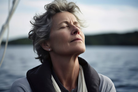 Portrait of a beautiful middle-aged woman on a yacht.の素材