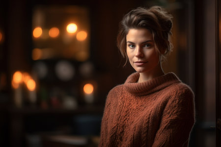 Portrait of a beautiful young woman in a cafe. A girl in a brown sweater.の素材
