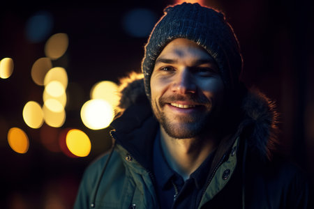 Portrait of a young man in winter clothes on the street.の素材