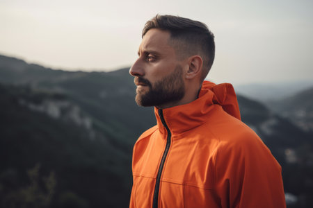 Handsome bearded man in orange raincoat standing on top of a mountain and looking awayの素材