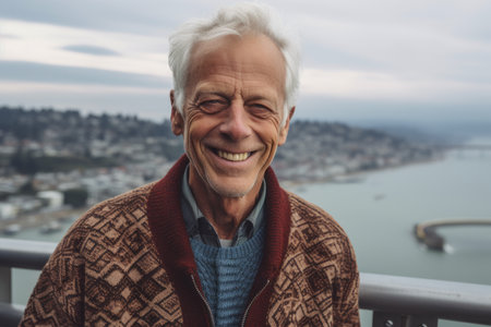 Portrait of happy senior man looking at camera while standing on terraceの素材