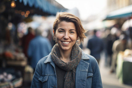 Portrait of a smiling young woman at a market in London, UKの素材