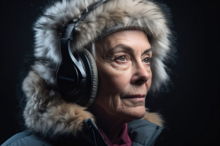 Portrait of an elderly woman in a fur cap and headphones.の素材