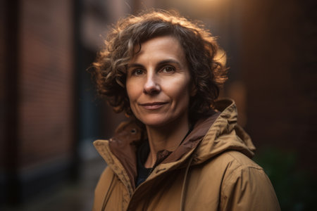 Portrait of a beautiful middle-aged woman with curly hair in a brown coatの素材