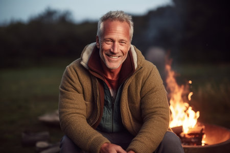 Portrait of smiling senior man sitting by bonfire at campsiteの素材