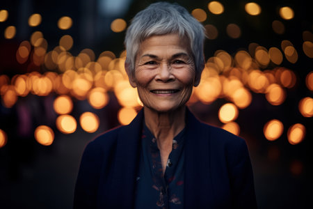 Portrait of happy senior asian woman with bokeh backgroundの素材