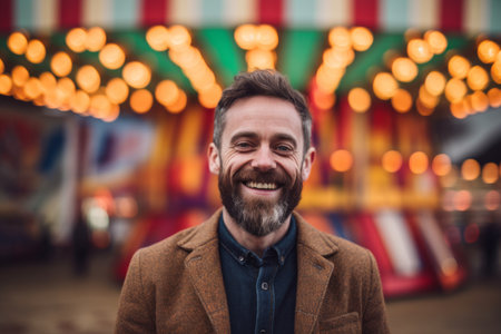 Portrait of a handsome bearded man smiling at the camera in an amusement parkの素材