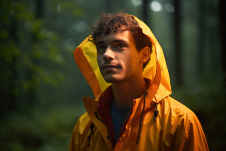 Portrait of young man in raincoat looking at camera in rainy forestの素材