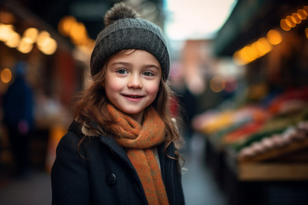 Portrait of a little girl in a hat and scarf on Christmas marketの素材